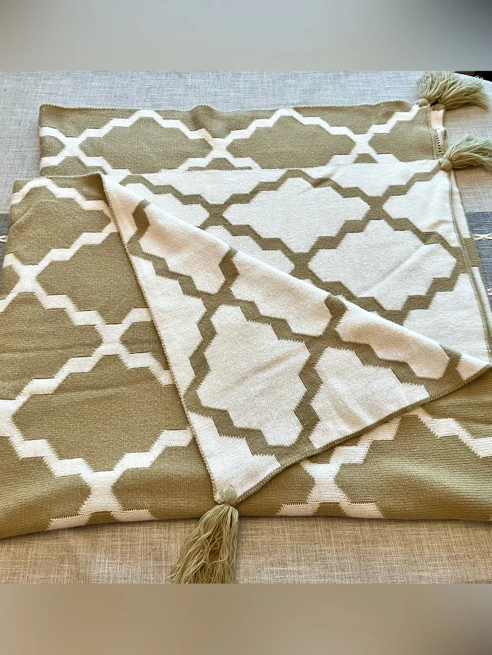 Pottery Barn Camel & Ivory Geometric Knit Throw Blanket
